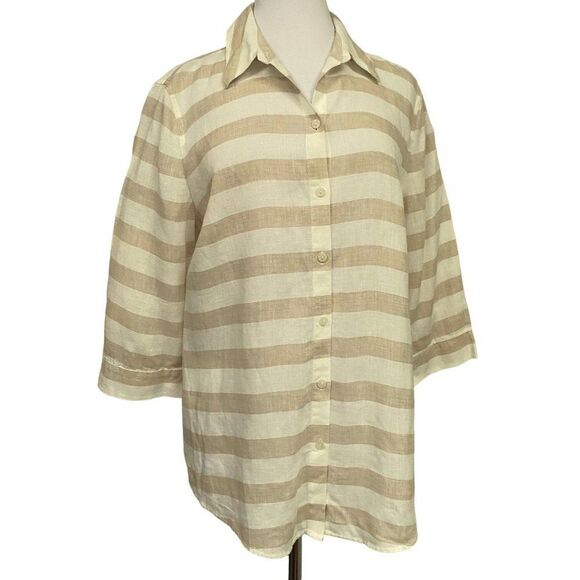 Chico's 100% Linen Button Front Blouse Striped Front Chevron Back Tan White Sz 2 - Picture 1 of 5